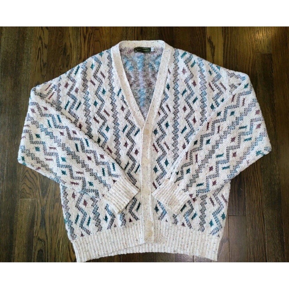 Vtg Croft & Barrow Cardigan Sweater Men's L Geometric Pattern Old Money Cotton